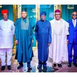 President Bola Tinubu (middle), flanked by Vice President Kashim Shettima, former Ebonyi State Governor Dave Umahi, frontrunner Senate Presidential candidate for the 10th National Assembly and former Akwa Ibom State Governor Goodwill Akpabio, and former Rivers State Governor Nyesom Wike, during a courtesy visit to the Presidential Villa, Abuja, yesterday.