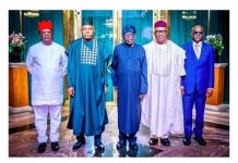 President Bola Tinubu (middle), flanked by Vice President Kashim Shettima, former Ebonyi State Governor Dave Umahi, frontrunner Senate Presidential candidate for the 10th National Assembly and former Akwa Ibom State Governor Goodwill Akpabio, and former Rivers State Governor Nyesom Wike, during a courtesy visit to the Presidential Villa, Abuja, yesterday.