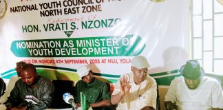 NYC members addressing a press conference in Yola on Monday.
