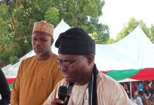 Sen Binos Dauda Yaroe during the commissioning of the projects at Lamza in Guyuk LG on Wednesday.