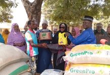 Bauchi State Commissioner of Humanitarian Affairs and Disaster Management, Hajara Yakubu distributing the relief package yesterday.