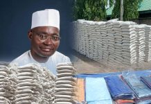 Senator Yaroe alongside the various Palliatives meant for the Adamawa South people.