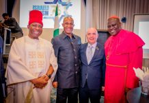From Right: Executive Secretary, Nigerian Christian Pilgrim Commission, NCPC, Bishop Stephen Adegbite, GPJ; Israel Ambassador to Nigeria, H.E Amb. Michael Freeman; Chairman, CSS Group and Pioneer Executive Secretary of NCPC, Prof. John Kennedy, OFR with the Senator Representing Anambra Central Senatorial District, Sen. Dr. Victor Umeh, OFR during the occasion of the 76th Anniversary of the Independence of the State of Israel in Abuja on 27th May, 2024.