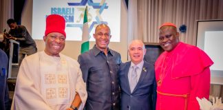 From Right: Executive Secretary, Nigerian Christian Pilgrim Commission, NCPC, Bishop Stephen Adegbite, GPJ; Israel Ambassador to Nigeria, H.E Amb. Michael Freeman; Chairman, CSS Group and Pioneer Executive Secretary of NCPC, Prof. John Kennedy, OFR with the Senator Representing Anambra Central Senatorial District, Sen. Dr. Victor Umeh, OFR during the occasion of the 76th Anniversary of the Independence of the State of Israel in Abuja on 27th May, 2024.