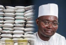 Sen. Yaroe alongside the farm inputs he distributed to constituents.
