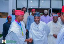 Gov Yusuf in a warm handshake with the new NUJ national president, Alhassan Yahaya.