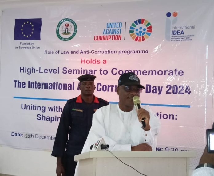 Adamawa State HoS, Pharm Isa Shehu Ardo delivery his address at the International Anti-corruption day in Yola on Friday.