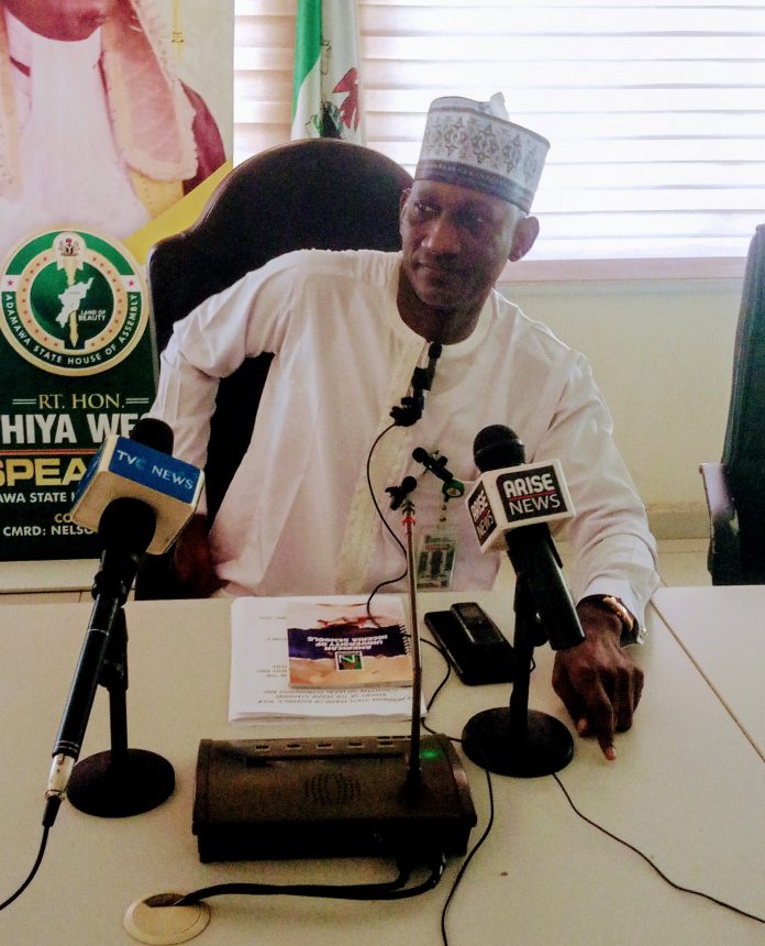 Hon Musa Mahmud Kallamu addressing a press conference at Adamawa State house of assembly, Yola, Friday.