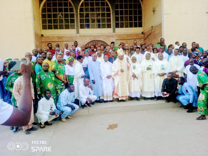 A group picture of the Yola Catholic Bishop, Mamza with the new excos of the church.