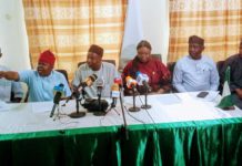 Former minister of foreign affairs, Idi Hong flanked by other dignitaries during the press conference ahead of the coronation of Töl Huba on Tuesday in Yola.