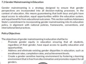 Snapshot of gender mainstreaming in education sector from the Adamawa State policy on education.