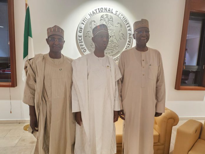 Left to Right: Hon Idi Muktar, minister of livestock, Mallam Nuhu Ribadu, NSA and ex-SGF, Boss Mustapha during Iftar meeting which took place at ONSA on Tuesday.