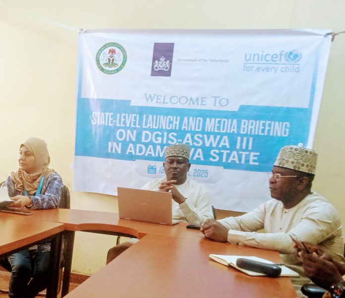 Dr. Nuzat Rafique, Adamawa State commissioner of Water resources and a deputy director in the ministry during the state level launch of DGIS - ISWA III project and media briefing in Yola on Thursday.