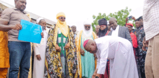 Bishop Mamza laying the foundation of the proposed church at Gamu in Ganye LG on Sunday.