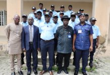 From left: 1. Airport Chief of Security Nnamdi Azikiwe International Airport Abuja Mr Lawan Fagge fsi, 2. Mr Rindap Nantim Regional General/ Airport Manager North Central Airports FAAN 3. Mr Olufemi Apata General Manager Special Monitoring Squad AVSEC HQ FAAN 4. Capt. Mustapha Idris, Country Manger Worldwide Canine Nigeria Limited 5. Mr Ezekiel Baye Assistant General Manager FAAN Abuja Airport.