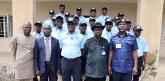 From left: 1. Airport Chief of Security Nnamdi Azikiwe International Airport Abuja Mr Lawan Fagge fsi, 2. Mr Rindap Nantim Regional General/ Airport Manager North Central Airports FAAN 3. Mr Olufemi Apata General Manager Special Monitoring Squad AVSEC HQ FAAN 4. Capt. Mustapha Idris, Country Manger Worldwide Canine Nigeria Limited 5. Mr Ezekiel Baye Assistant General Manager FAAN Abuja Airport.