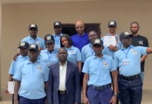 Front Row- From R-L 1. Mr Muhammad J. Badhir Deputy General Manager SMS AVSEC HQ FAAN Lagos 2. Capt. Mustapha Idris [rtd] Country Manager Worldwide Canine Nigeria Limited 3. Mr Kogi Emmanuel Deputy General Manager SMS AVSEC HQ FAAN Lagos at the graduation and passing out ceremony of Aviation Security [AVSEC] K9 Course training in Abuja.