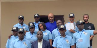 Front Row- From R-L 1. Mr Muhammad J. Badhir Deputy General Manager SMS AVSEC HQ FAAN Lagos 2. Capt. Mustapha Idris [rtd] Country Manager Worldwide Canine Nigeria Limited 3. Mr Kogi Emmanuel Deputy General Manager SMS AVSEC HQ FAAN Lagos at the graduation and passing out ceremony of Aviation Security [AVSEC] K9 Course training in Abuja.