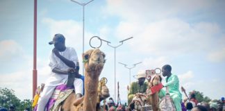 Camel riders on display during the event.