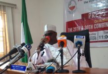 Prof Ibrahim Umar delivering his speech during the press conference on Tuesday in the school premises.