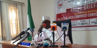 Prof Ibrahim Umar delivering his speech during the press conference on Tuesday in the school premises.