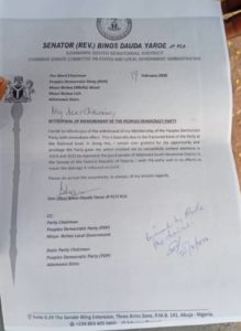 Sen Yaroe's Letter of resignation.