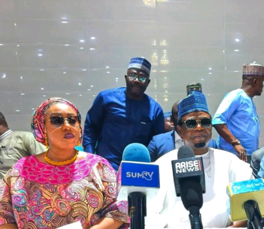 The governorship aspirant with wife during the declaration ceremony on Tuesday in Yola.