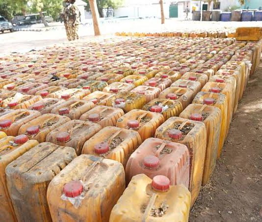 Some of the smuggled Petroleum on display.