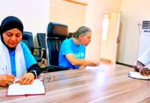 From left to right, Dr. Nhuzhat Rafique, Chief of field office UNICEF Bauchi field office, Emily Rand, Chief of WASH UNICEF Nigeria and Esly Emmanuel, GM RUWASSA, during debriefing session following visit of UNICEF officials to Ganye and Shelleng LGs as part of efforts to eradicate open defecation on Wednesday.