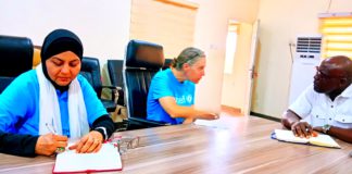 From left to right, Dr. Nhuzhat Rafique, Chief of field office UNICEF Bauchi field office, Emily Rand, Chief of WASH UNICEF Nigeria and Esly Emmanuel, GM RUWASSA, during debriefing session following visit of UNICEF officials to Ganye and Shelleng LGs as part of efforts to eradicate open defecation on Wednesday.