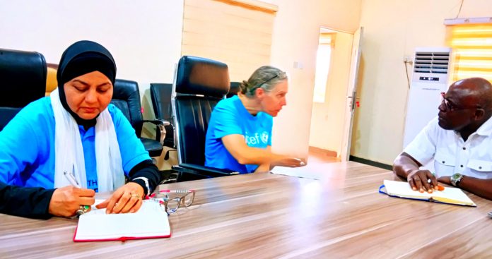 From left to right, Dr. Nhuzhat Rafique, Chief of field office UNICEF Bauchi field office, Emily Rand, Chief of WASH UNICEF Nigeria and Esly Emmanuel, GM RUWASSA, during debriefing session following visit of UNICEF officials to Ganye and Shelleng LGs as part of efforts to eradicate open defecation on Wednesday.