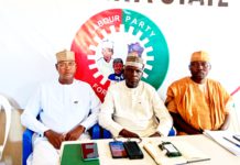 From left to right: The DG Abbo guber campaign organization, Hon Abubakar Usman Damare, the chairman of LP, Theman Jonah and the Secretary of the party, Kamaludden Jibrilla Aliyu, during the reconciliation meeting at the party secretary on Saturday in Yola.